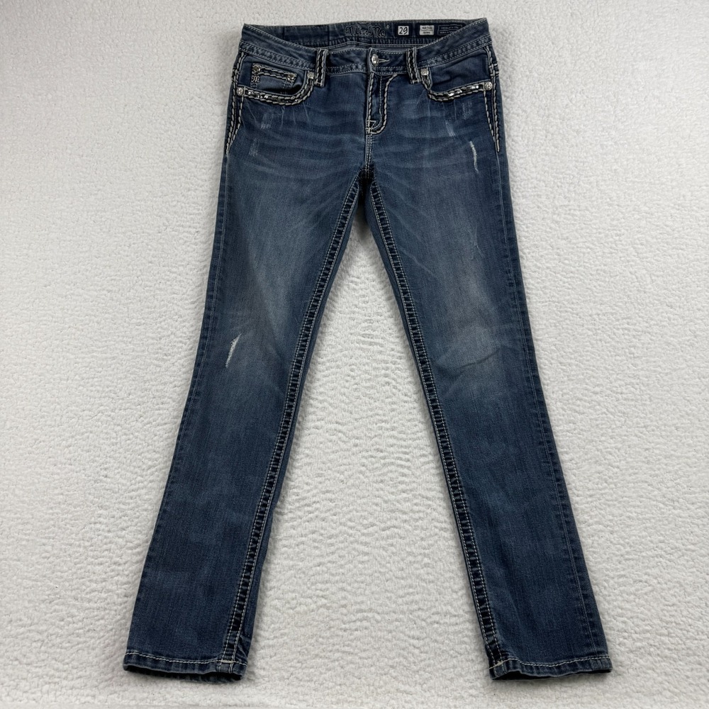 Miss Me Skinny Jeans Womens 29x31 Blue Denim Cotton Pockets Mid Rise Distressed